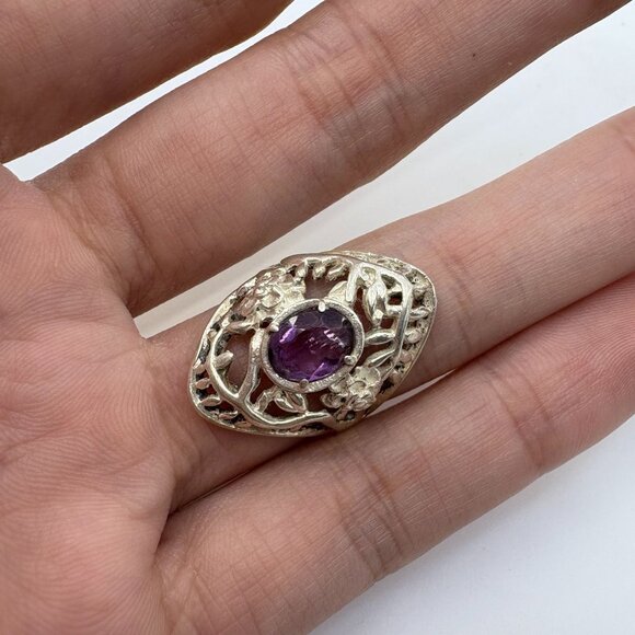 VTG Sterling Silver 925 Amethyst Prong Set Leaf Design Statement Ring Size 5.75 - Picture 6 of 9